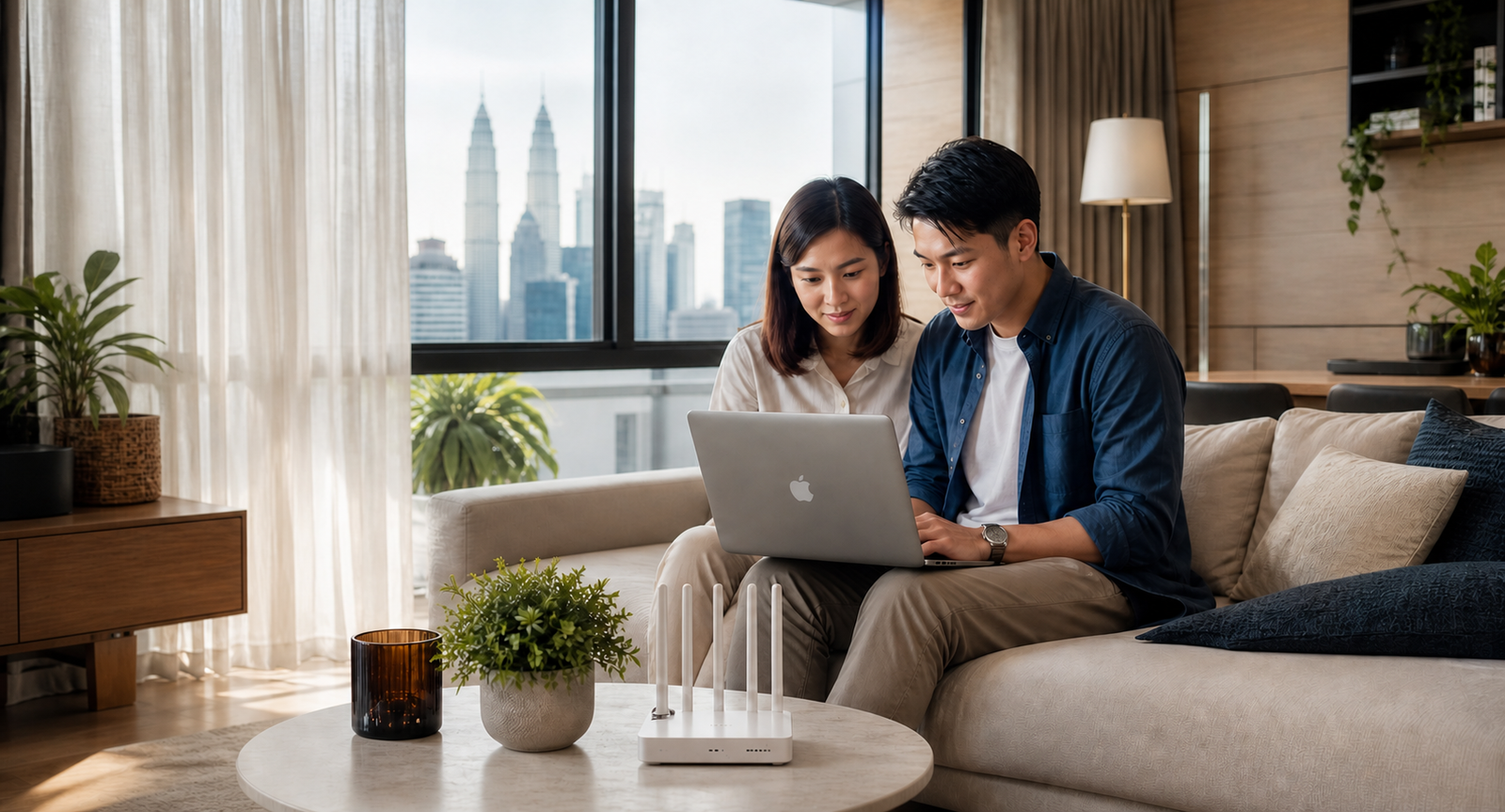一对年轻人在吉隆坡家中使用 MacBook,桌上放着 WiFi 路由器