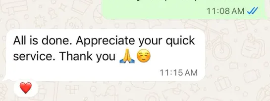 客户反馈截图：All is done. Appreciate your quick service. Thank you.